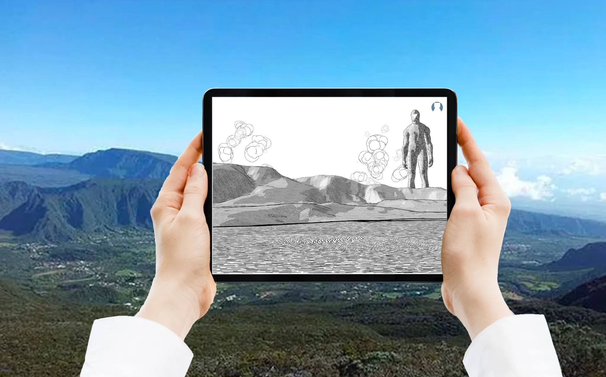 Une tablette affiche l'univers dessiné de Légende des Cimes devant un paysage de montagne