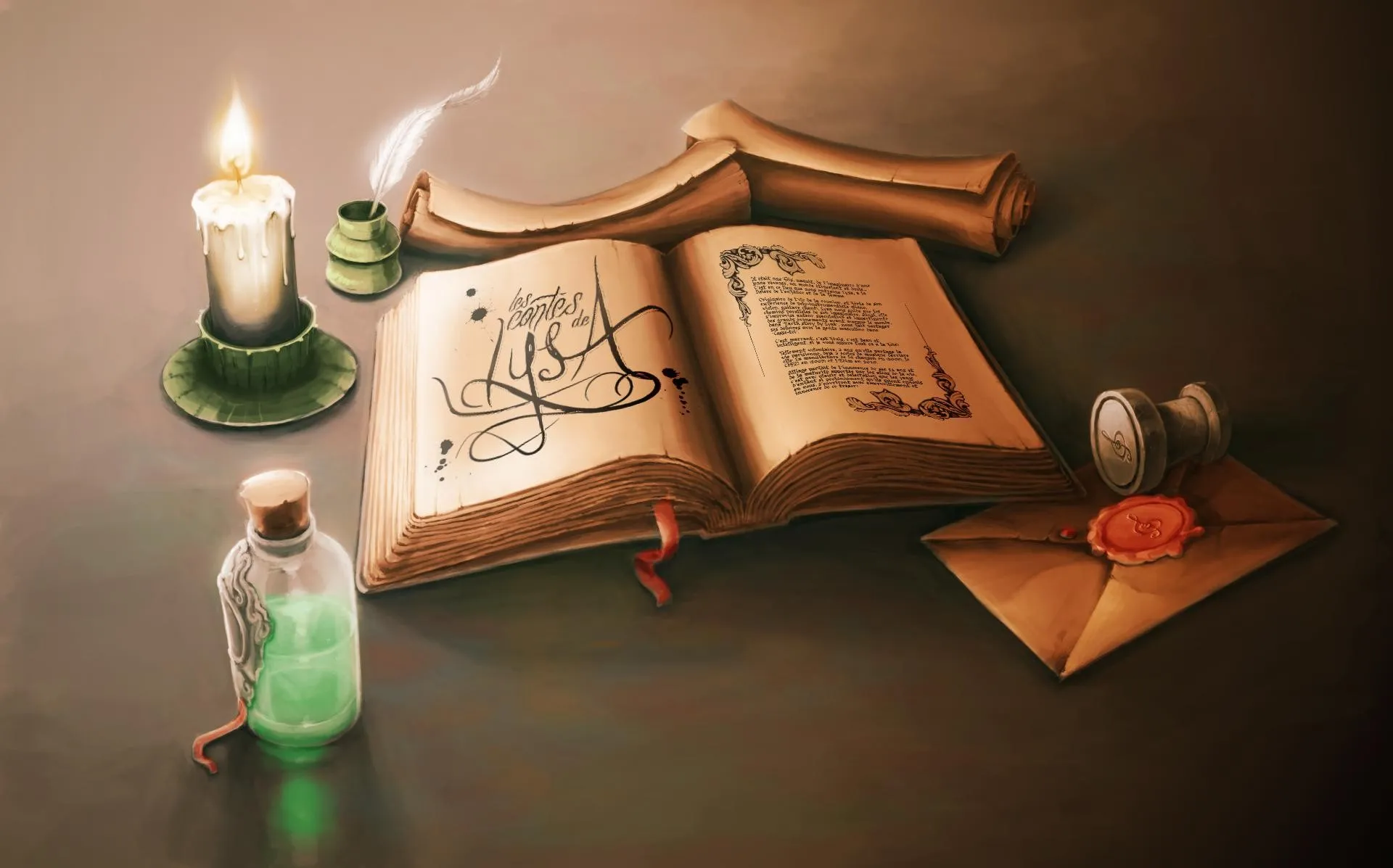 Nature morte : grimoire, bougie et fioles