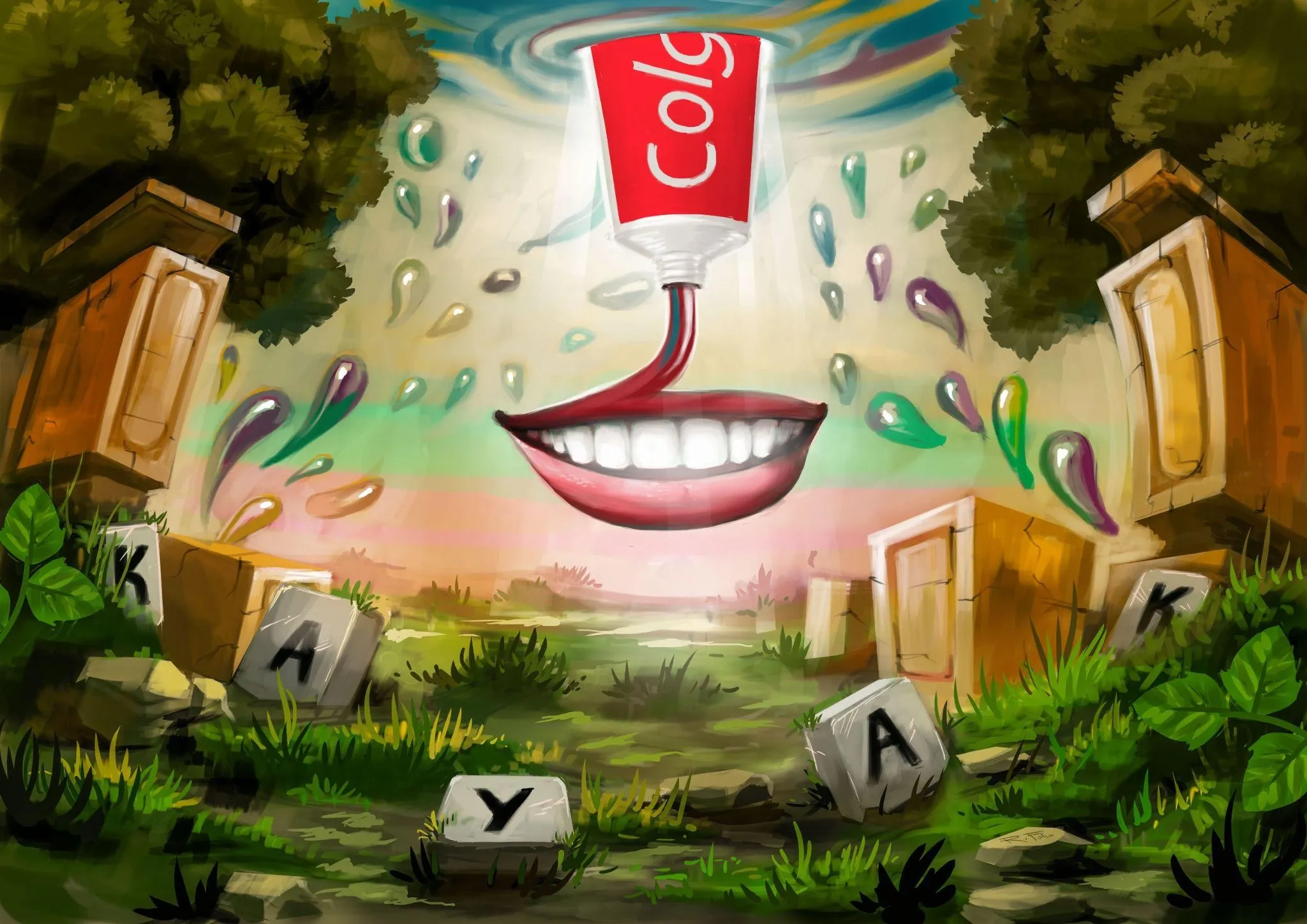 Un tube de dentifrice géant répand des couleurs sur un jardin de lettres