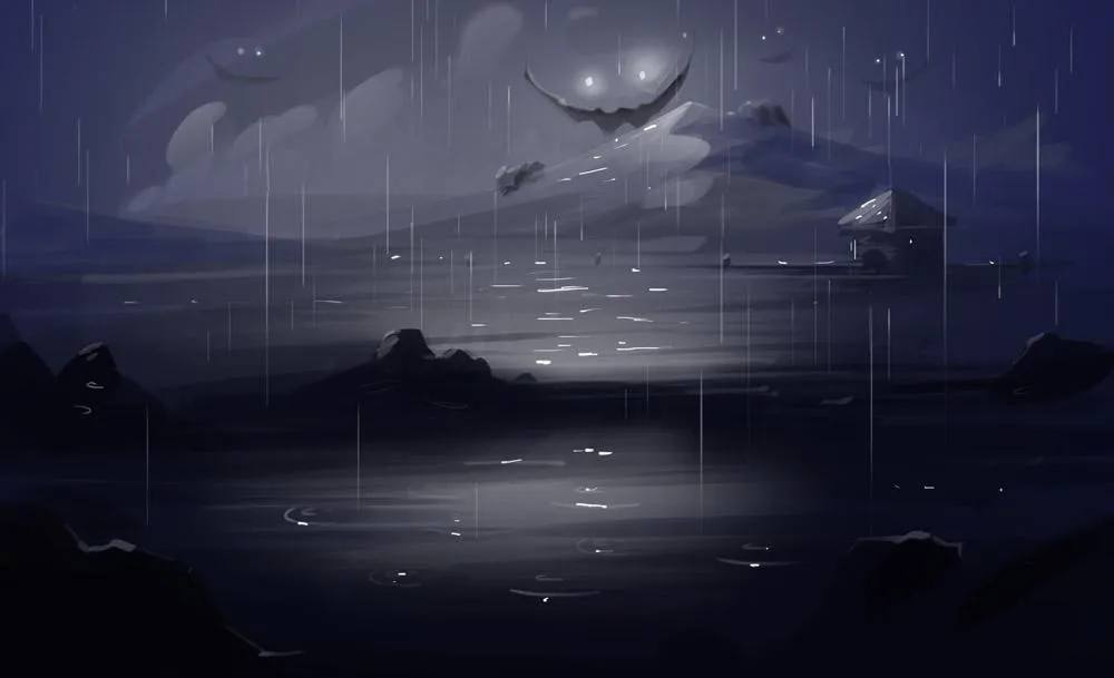 Paysage nocturne sous la pluie, une silhouette volante au loin