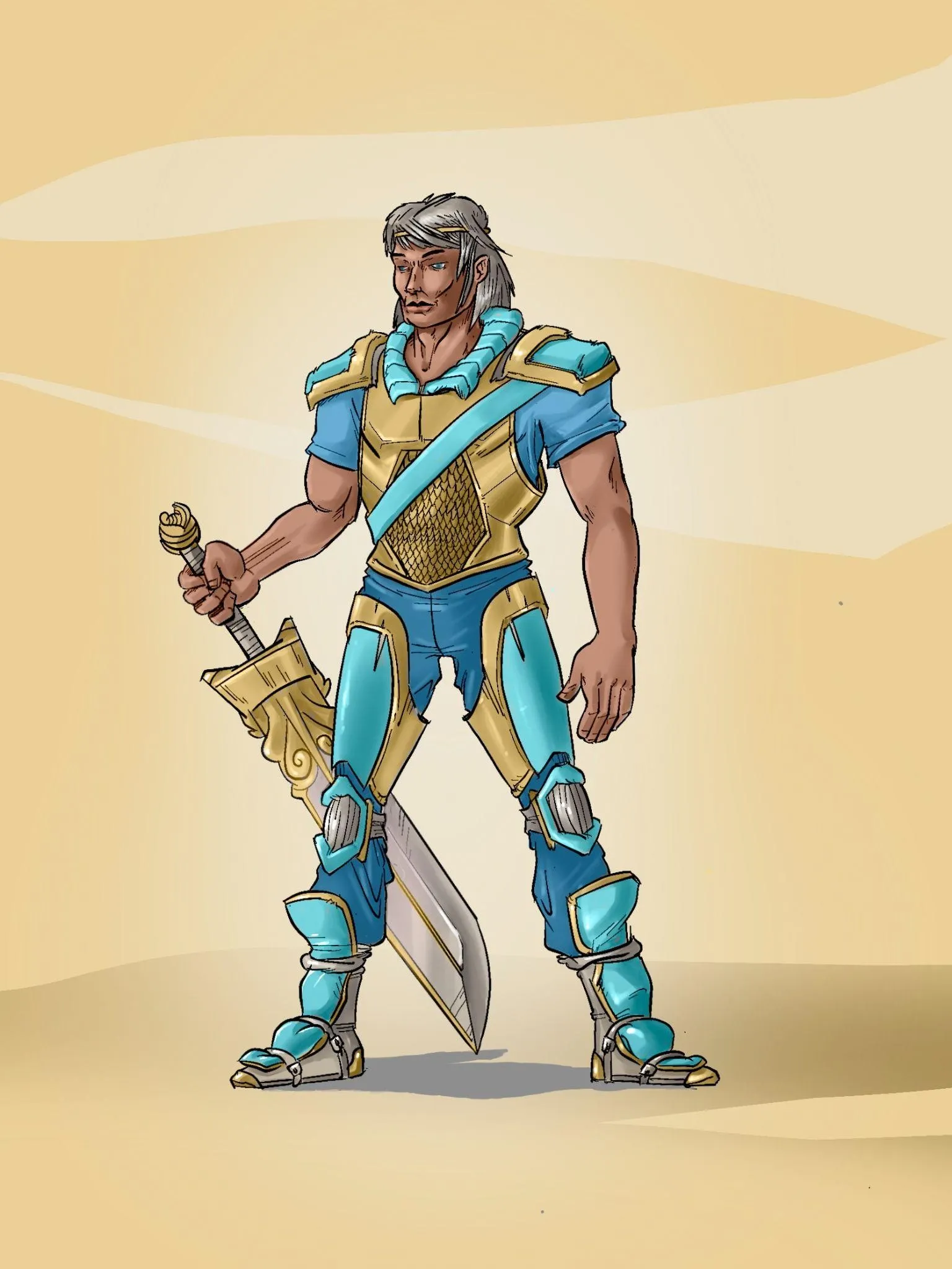 Héros guerrier en armure bleue, épée au poing