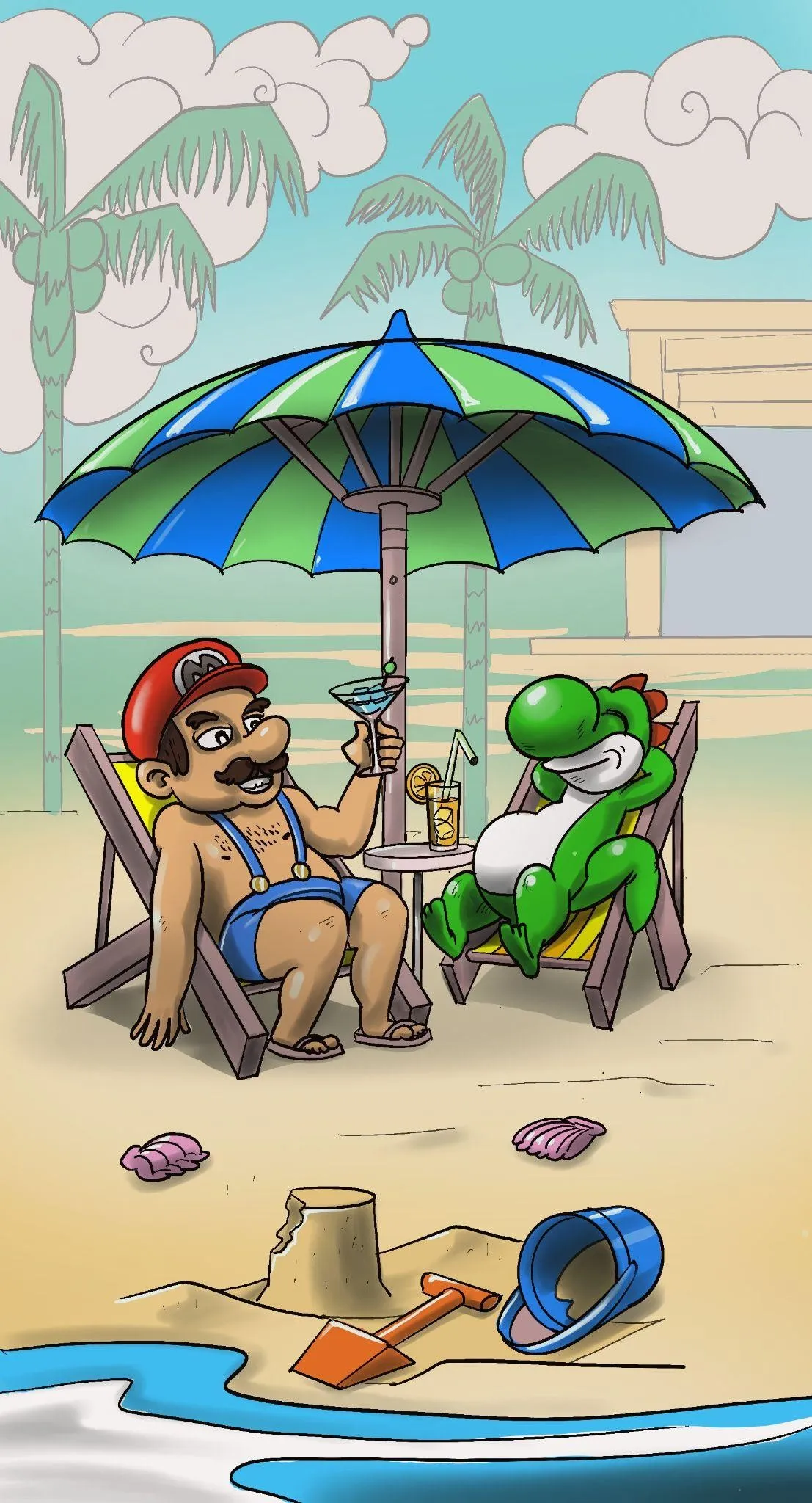 Deux personnages de jeu vidéo en vacances à la plage