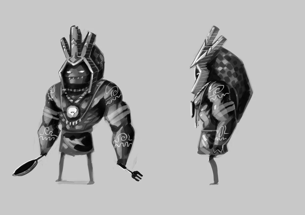 Guerrier tribal armé d'une fourche, de face et de dos