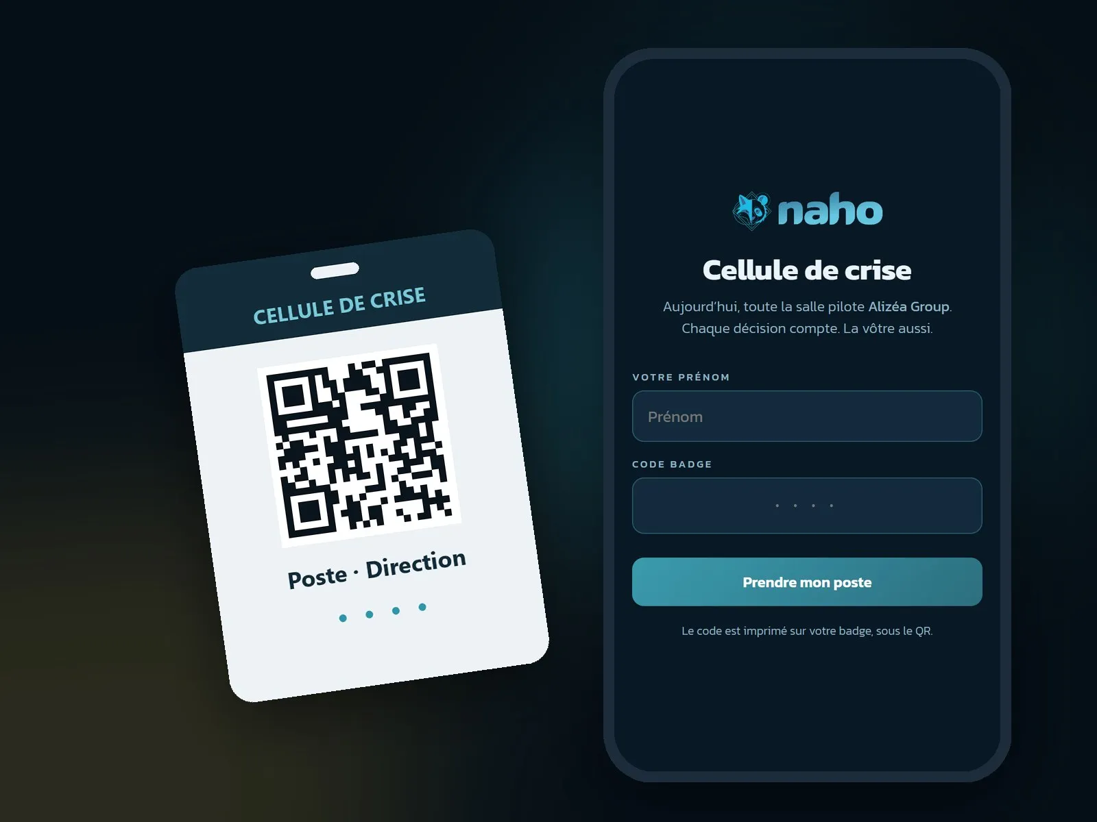 L'écran d'accueil du joueur de Cellule de crise sur un téléphone, à côté de son badge de participant