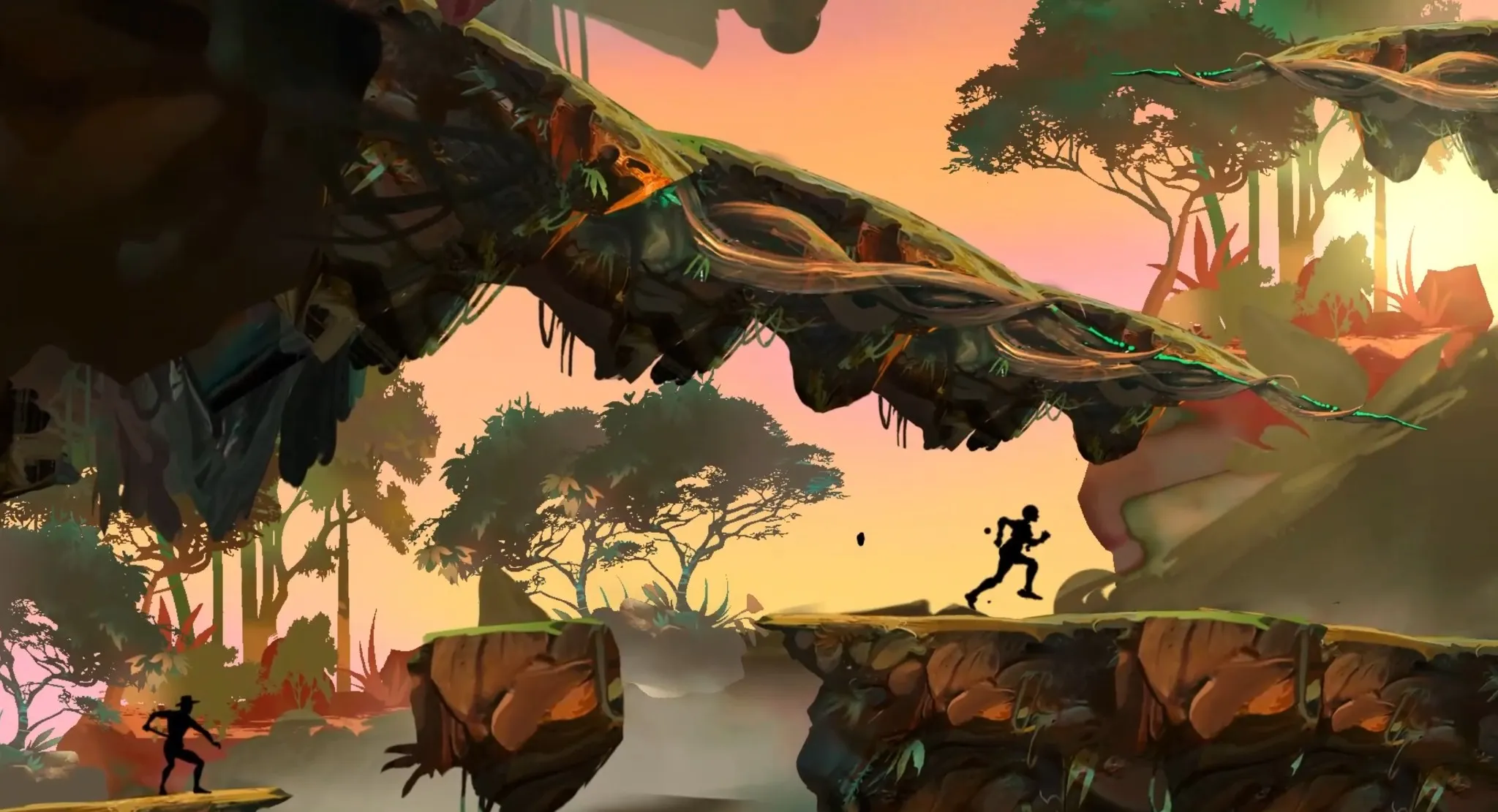 Le Fils de Tsilaosa : un personnage court entre les silhouettes de la forêt au coucher du soleil