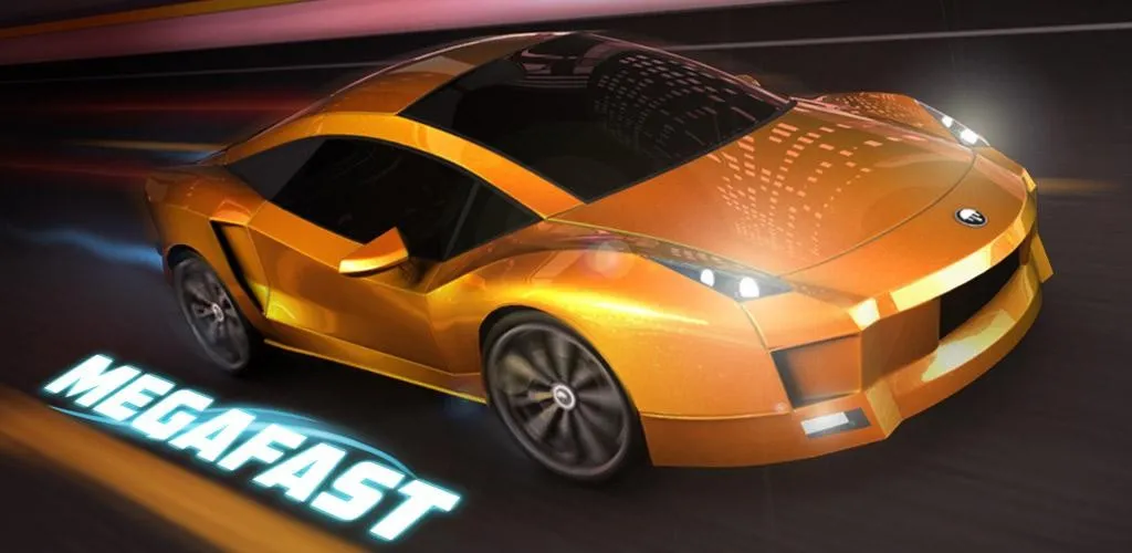 Une voiture de sport orange sur l'écran titre d'un jeu de course.