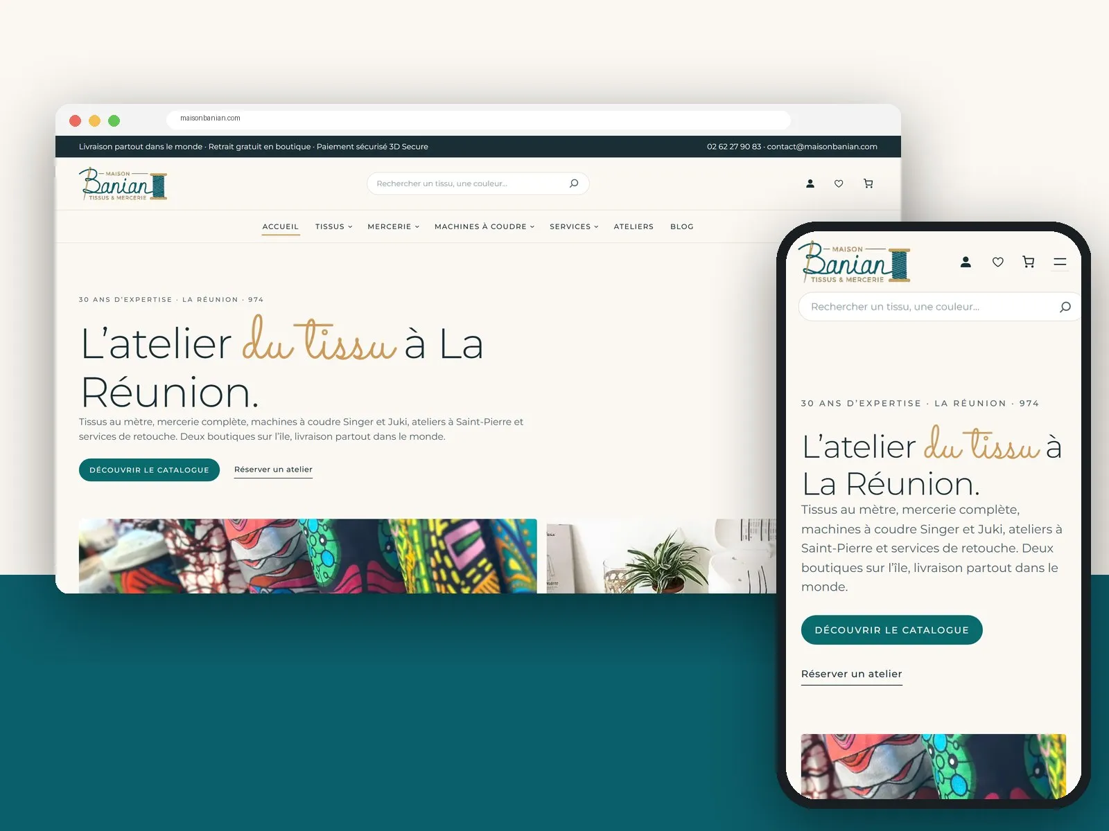 Le nouveau site de Maison Banian, « L'atelier du tissu à La Réunion », sur ordinateur et sur téléphone